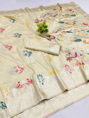 beige zari woven art silk blend saree with blouse 1
