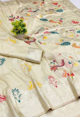 beige zari woven art silk blend saree with blouse 2