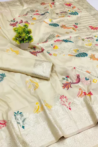 beige zari woven art silk blend saree with blouse