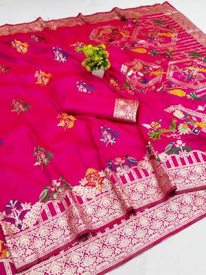 rani pink zari woven art silk blend saree with blouse 1