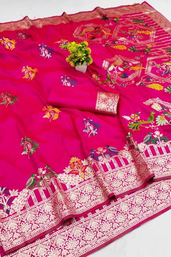 rani pink zari woven art silk saree with blouse
