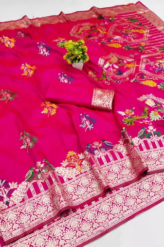 rani pink zari woven art silk saree with blouse