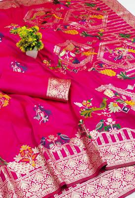 rani pink zari woven art silk blend saree with blouse 2