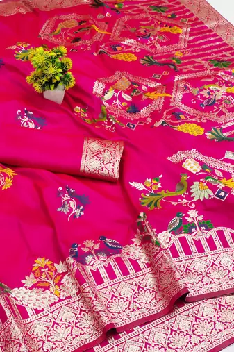 rani pink zari woven art silk blend saree with blouse