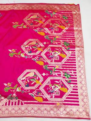 rani pink zari woven art silk blend saree with blouse 4