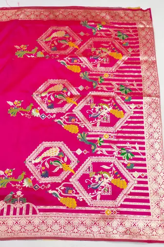 rani pink zari woven art silk blend saree with blouse