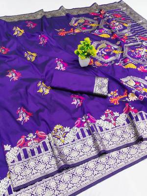 purple zari woven art silk blend saree with blouse 1