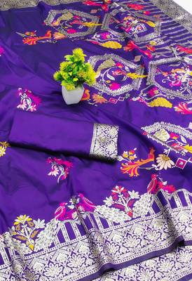 purple zari woven art silk blend saree with blouse 2
