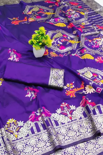 purple zari woven art silk blend saree with blouse