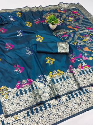 blue zari woven art silk blend saree with blouse 1