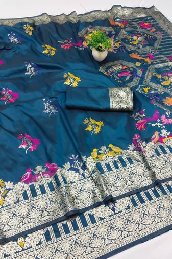 blue zari woven art silk saree with blouse