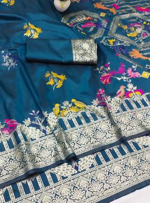 blue zari woven art silk blend saree with blouse 2