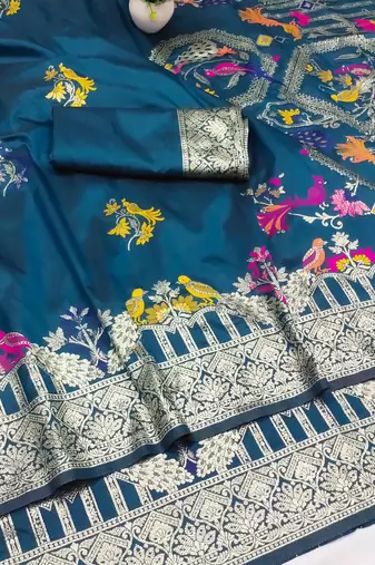 blue zari woven art silk blend saree with blouse
