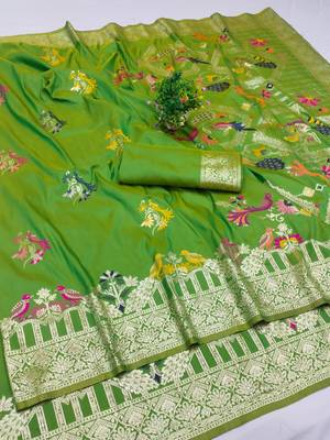 parrot green zari woven art silk blend saree with blouse 1