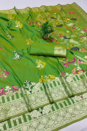 parrot green zari woven art silk saree with blouse