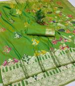 parrot green zari woven art silk saree with blouse