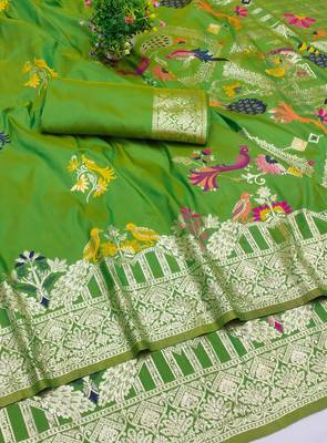 parrot green zari woven art silk blend saree with blouse 2