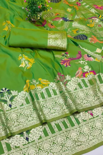parrot green zari woven art silk blend saree with blouse