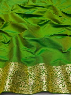 parrot green zari woven art silk blend saree with blouse 3