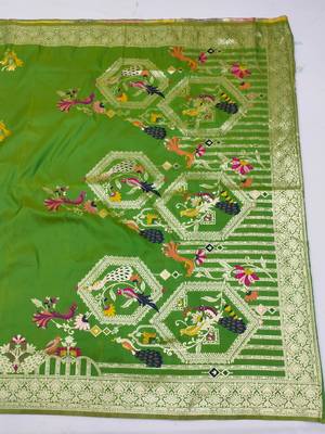 parrot green zari woven art silk blend saree with blouse 4