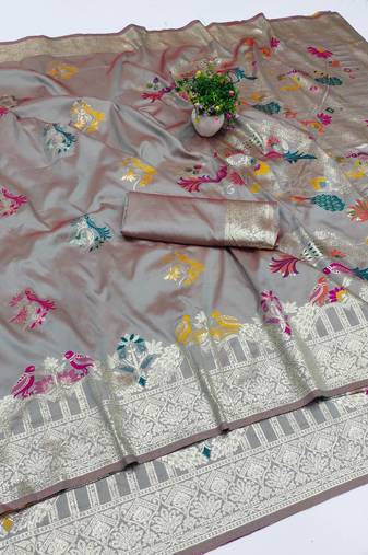 grey zari woven art silk saree with blouse