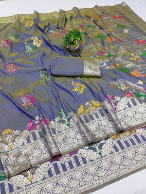 lavender zari woven art silk blend saree with blouse 1