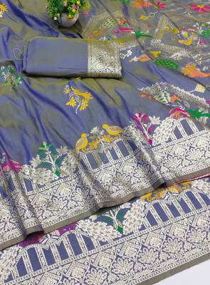 lavender zari woven art silk blend saree with blouse 2
