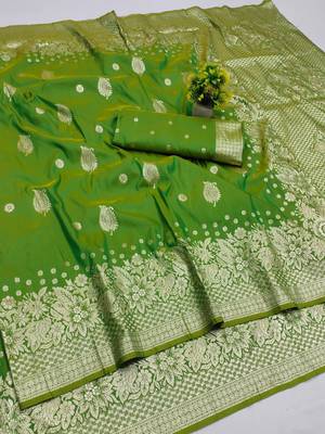 parrot green art silk zari woven saree with blouse 1