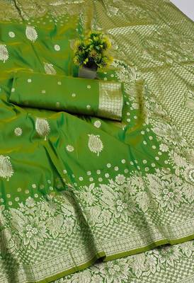 parrot green art silk zari woven saree with blouse 2