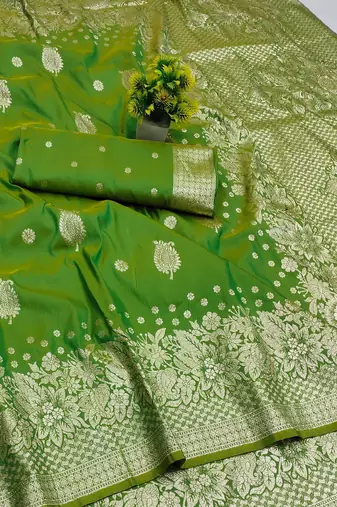 parrot green art silk zari woven saree with blouse