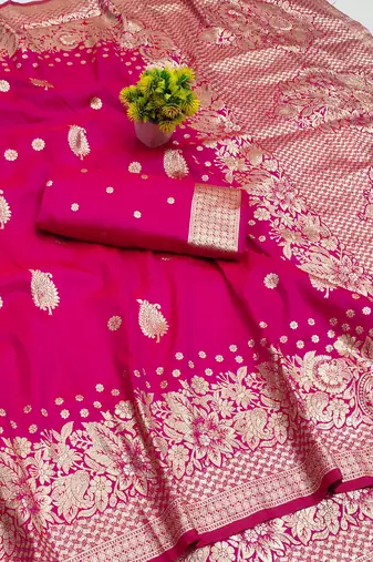 rani pink art silk zari woven saree with blouse