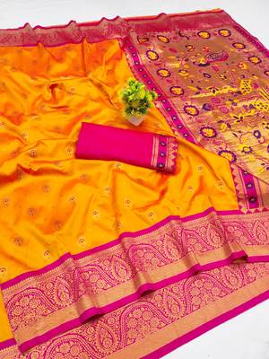 orange copper zari woven art silk blend saree with blouse 1