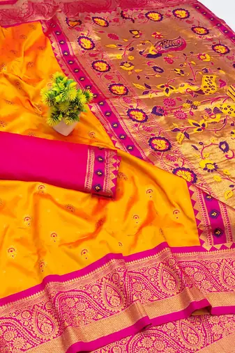 orange copper zari woven art silk blend saree with blouse