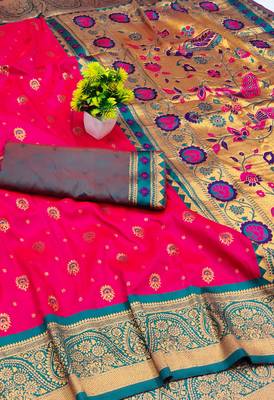 rani pink copper zari woven art silk blend saree with blouse 2