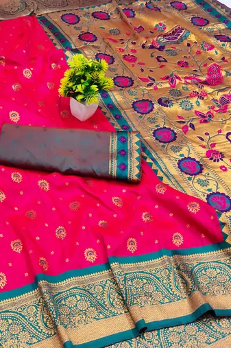 rani pink copper zari woven art silk blend saree with blouse