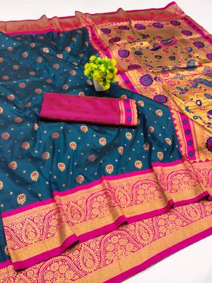 Firozi copper zari woven art silk blend saree with blouse 1