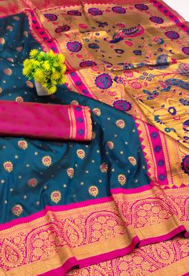 Firozi copper zari woven art silk blend saree with blouse 2