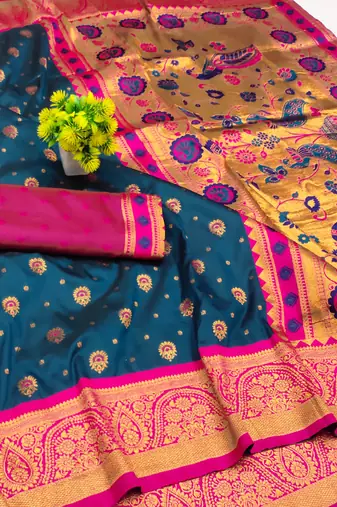 Firozi copper zari woven art silk blend saree with blouse