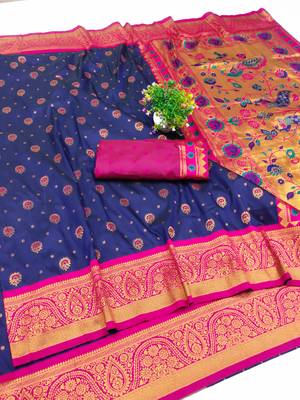 navy blue copper zari woven art silk blend saree with blouse 1