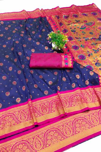 navy blue copper zari woven art silk saree with blouse