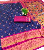 navy blue copper zari woven art silk saree with blouse