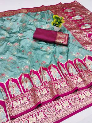 green zari woven art silk blend bridal style premium saree with blouse 1