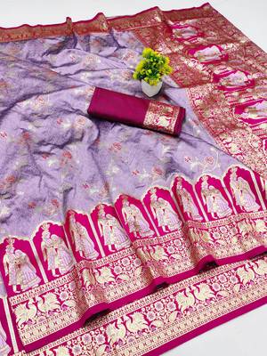 purple zari woven art silk blend bridal style premium saree with blouse 1