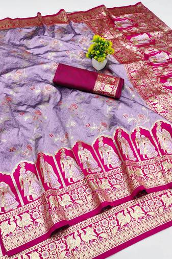purple zari woven art silk bridal style premium saree with blouse