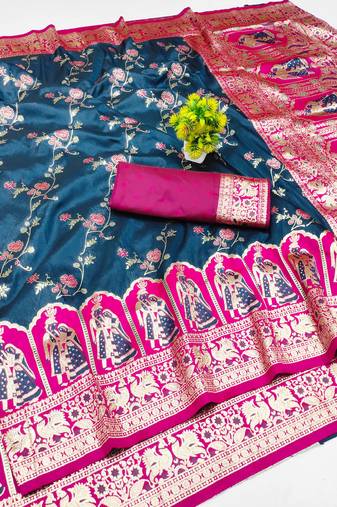 dark blue zari woven art silk bridal style premium saree with blouse