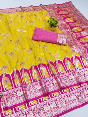 gold zari woven art silk blend bridal style premium saree with blouse 1