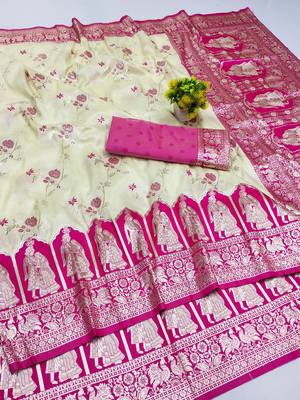cream zari woven art silk blend bridal style premium saree with blouse 1