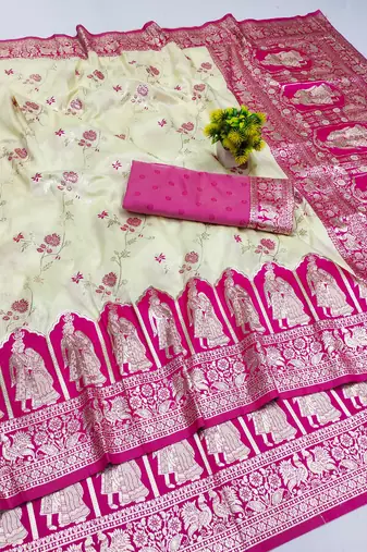 cream zari woven art silk bridal style premium saree with blouse