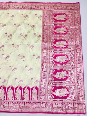 cream zari woven art silk blend bridal style premium saree with blouse 3