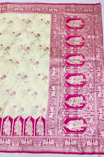 cream zari woven art silk blend bridal style premium saree with blouse